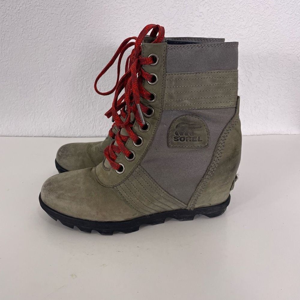 Sorel Light Green with Red‎ Lace Up Mid Calf Wedge Booties Size 7